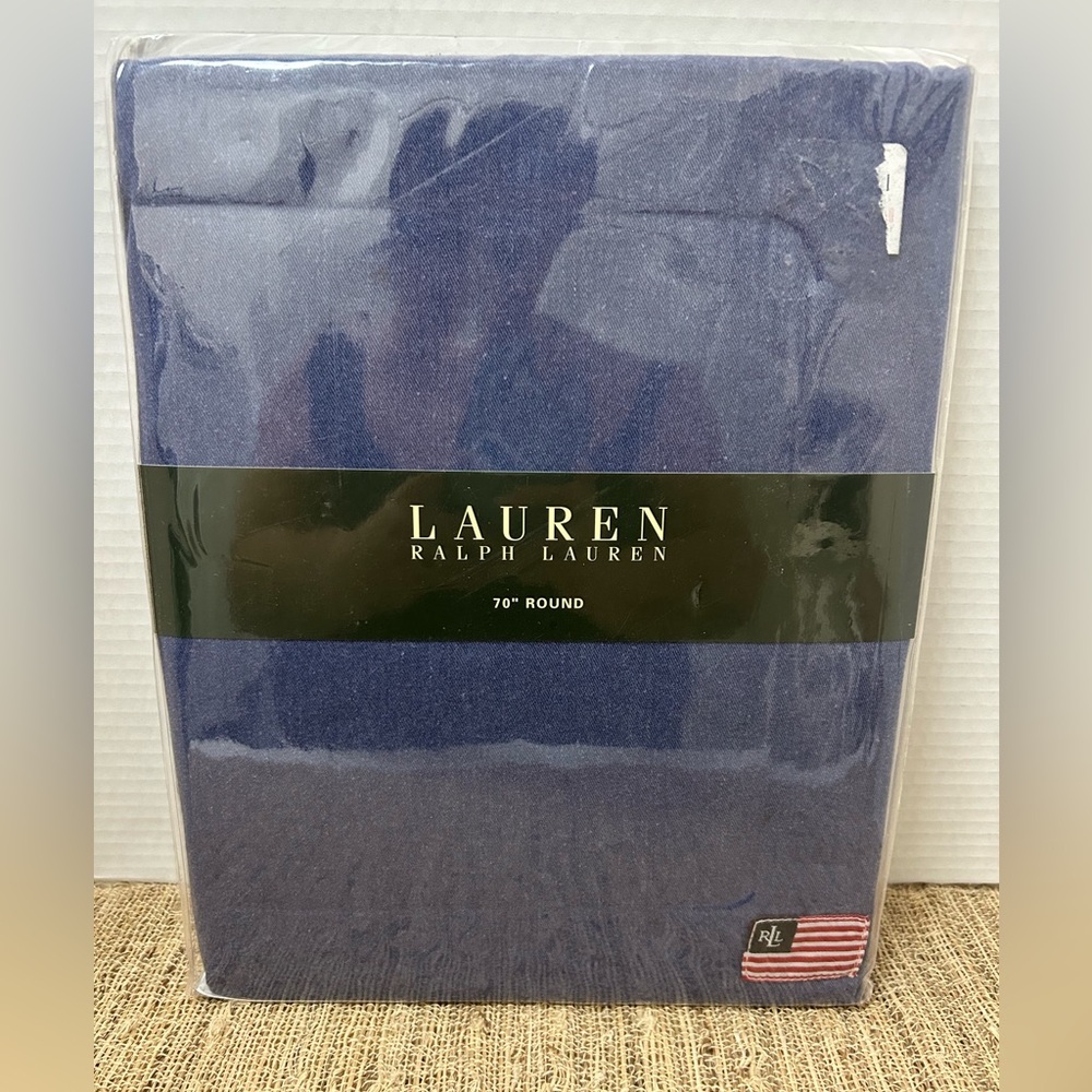 Vintage RALPH LAUREN Tablecloth Flag Logo Blue 70" Round